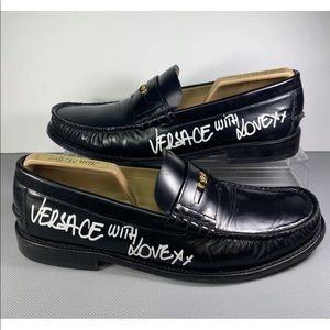 Versace Men's Black 'with Love' Side Stamp Loafers Leather Size 10.